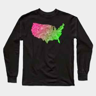 Colorful mandala art map of the United States of America in pink and green Long Sleeve T-Shirt